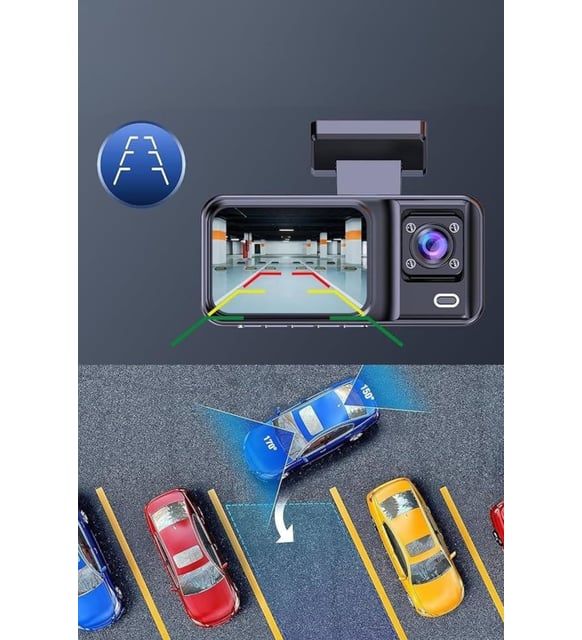 Araç Kamerası - 3 Kameralı Wifi Ön , İç ve Arka Full HD DVR Araç İçi Ekranlı Kamera