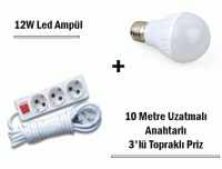 12W Led Ampul + 10 Metre Uzatmalı Anahtarlı 3lü Priz Set