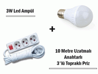 3W Led Ampul + 10 Metre Uzatmalı Anahtarlı 3lü Priz Set