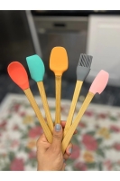 5 Li Renkli Ahşap Saplı Silikon Uçlu Spatula Fırçalı Kaşık Seti -Yemek Hazırlık Seti 21 Cm