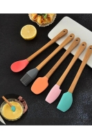 5 Li Renkli Ahşap Saplı Silikon Uçlu Spatula Fırçalı Kaşık Seti -Yemek Hazırlık Seti 21 Cm