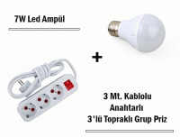 7W Led Ampul + 3 Metre Uzatmalı Anahtarlı 3lü Priz Set