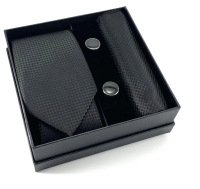 Kravat Düğme Set Siyah Desenli Kravat Mendil Kol Düğmesi Özel Set