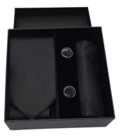 Kravat Düğme Set Siyah Desenli Kravat Mendil Kol Düğmesi Özel Set