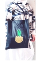 Ananas Detay Desenli Bez Çanta - Pazar Market Çantası - Kitap Çantası Siyah