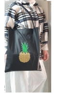 Ananas Detay Desenli Bez Çanta - Pazar Market Çantası - Kitap Çantası Siyah