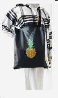 Ananas Detay Desenli Bez Çanta - Pazar Market Çantası - Kitap Çantası Siyah