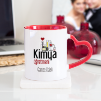 Kişiye Özel Kimya Öğretmeni Kalpli Kupa Bardak - Kırmızı