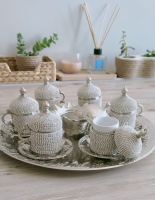 Osmanlı Motifli 6 Kişilik Türk Kahve Seti - Beyaz Taşlı