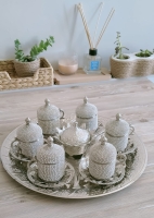 Osmanlı Motifli 6 Kişilik Türk Kahve Seti - Beyaz Taşlı