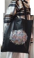 Renkli İstanbul Baskılı Bez Çanta - Pazar Market Çantası - Kitap Çantası Siyah