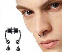 Siyah Mıknatıslı Fake Burun Piercing -Top Ve Ok Uçlu Paslanmaz Septum Deliksiz Pirsing