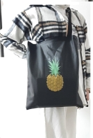 Ananas Detay Desenli Bez Çanta - Pazar Market Çantası - Kitap Çantası Siyah