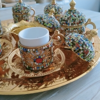 Osmanlı Motifli 6 Kişilik Türk Kahve Seti - Altın Taşlı