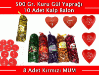 Renkli Kokulu Gül Yaprakları 500 Gr + 10 Kalpli Balon + 8 Kırmızı Mum